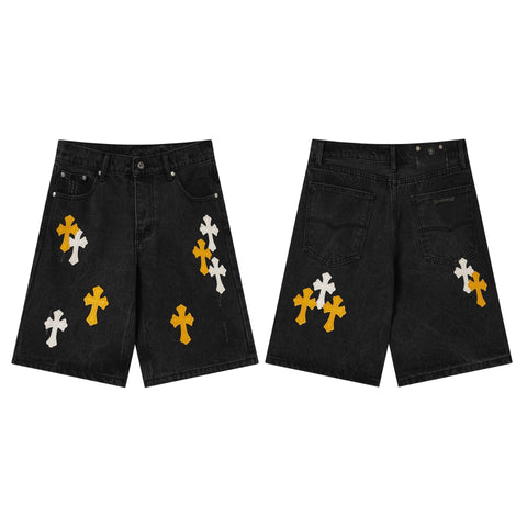 Chrome Hearts Black & Orange-White Cross Patch Denim Shorts