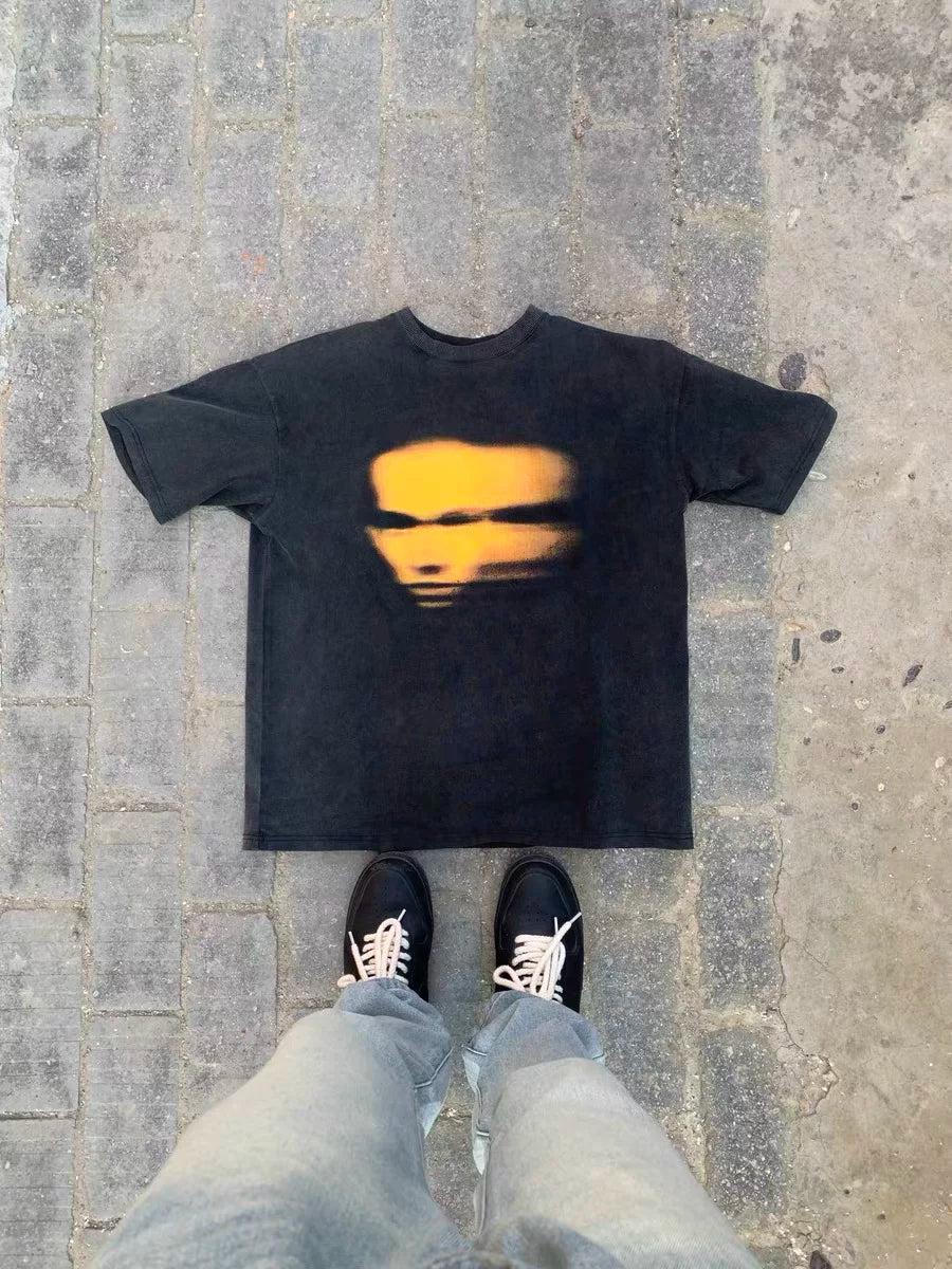 TSAOOJ VINTAGE Washed Unreal Ghost Portrait Printed T-shirt for Summer Niche Cleanfit Short Sleeves