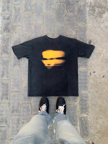 TSAOOJ VINTAGE Washed Unreal Ghost Portrait Printed T-shirt for Summer Niche Cleanfit Short Sleeves