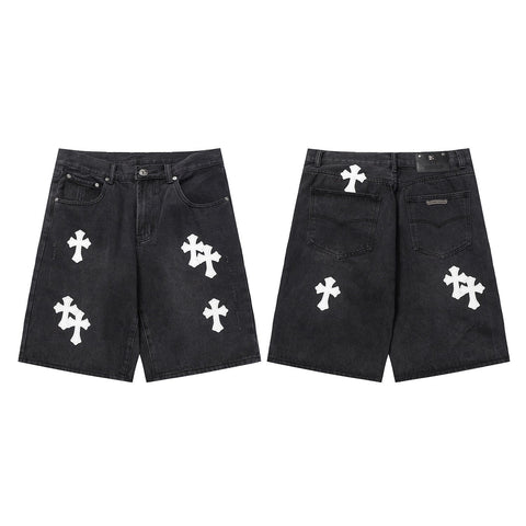 Chrome Hearts Black & White Cross Patch Denim Shorts