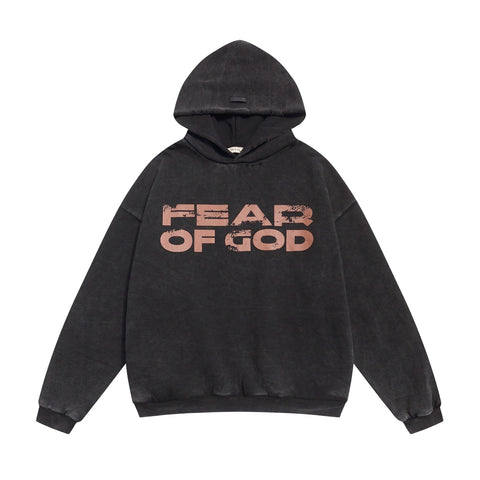 FEAR OF GOD FOG Main Line Cracked Letter Print Washed Ripped Fleece‑Lined Unisex Hoodie