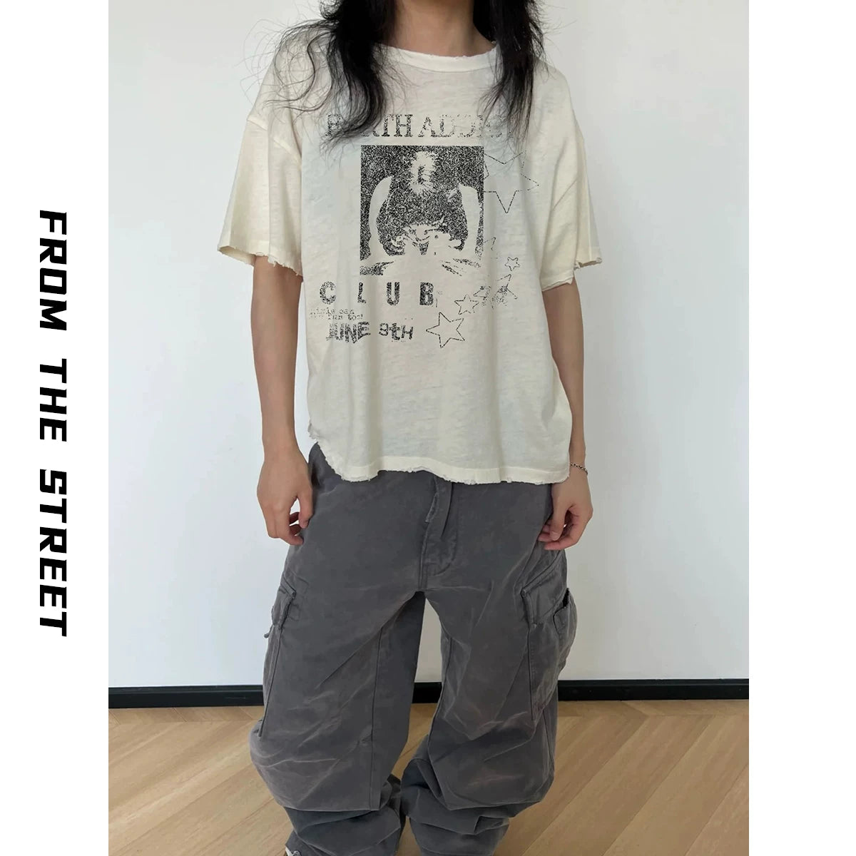From the street retro five pointed star print single seam short sleeved worn-out Vintage lightweight short cut destructive T-shirt