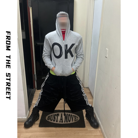 From the street American retro simple loose zipper jacket versatile hooded sweatshirt letter printed cardigan sweatshirt men