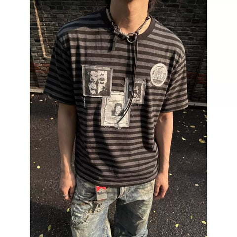 TSAOOJ black and gray striped fabric with fringed short sleeves, American retro, niche, light Asian street splicing T-shirt for men and women