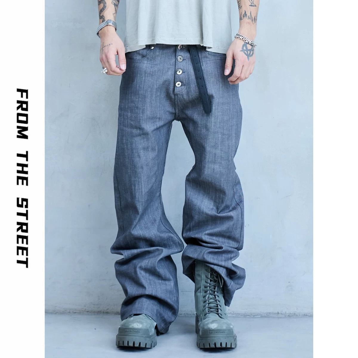 From The SRREET, a retro street washed distressed five button high ounce original denim jeans for men