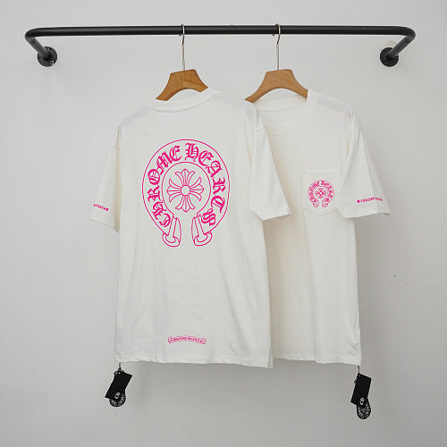 Chrome Hearts Pink Horseshoe Logo Short Sleeve T-Shirt (White)