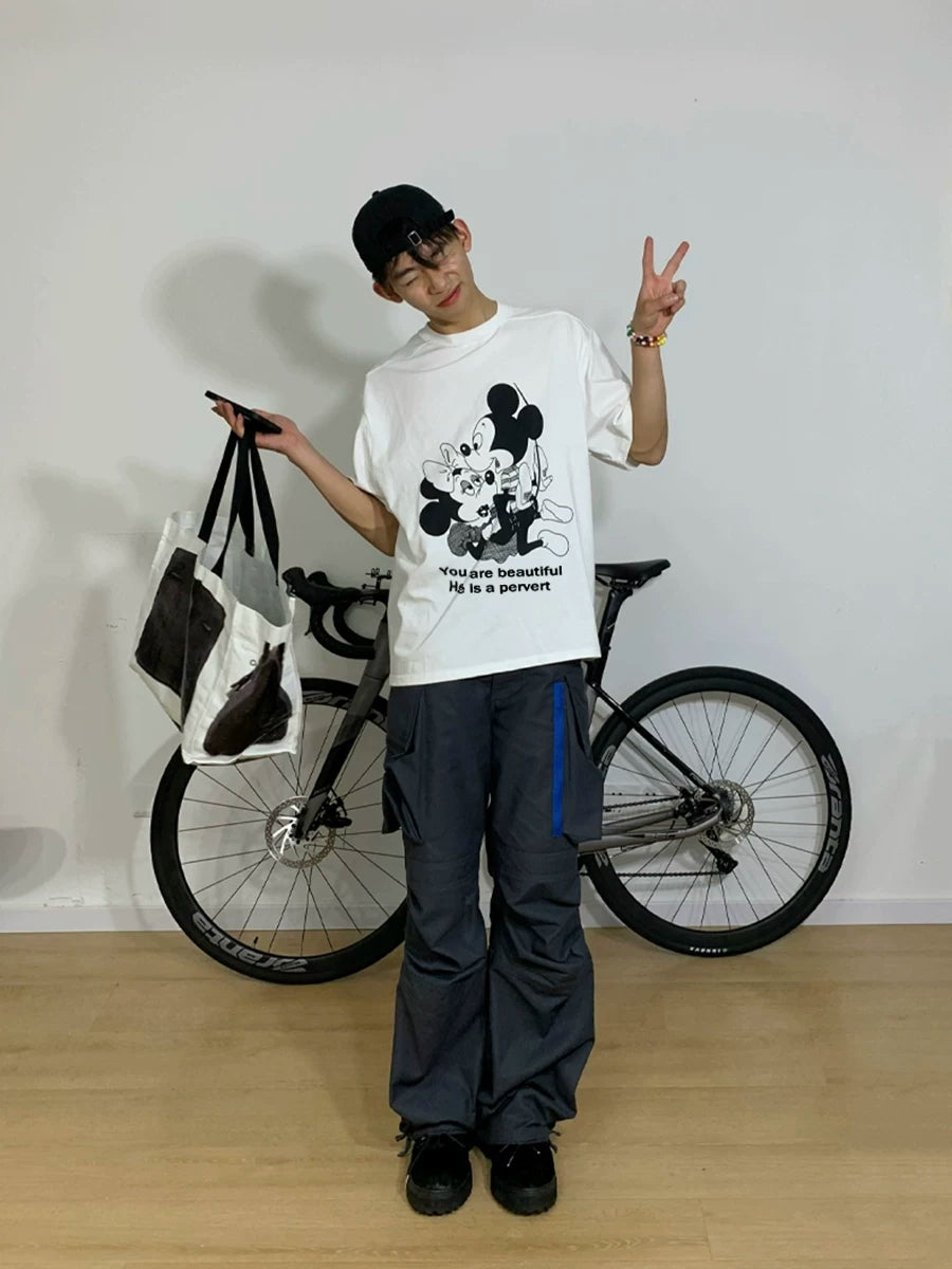 Mickey, Minnie, parody printed American cartoon Mickey Mouse short sleeved vintage T-shirt for men and women from the street