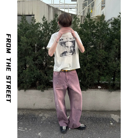 From THE STREET, a street violet washed vintage loose ink denim casual pants for men and women