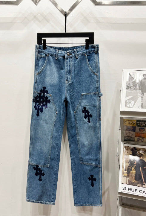 Chrome Hearts Classic Blue & Large Dark Blue Cross Patch Denim Jeans