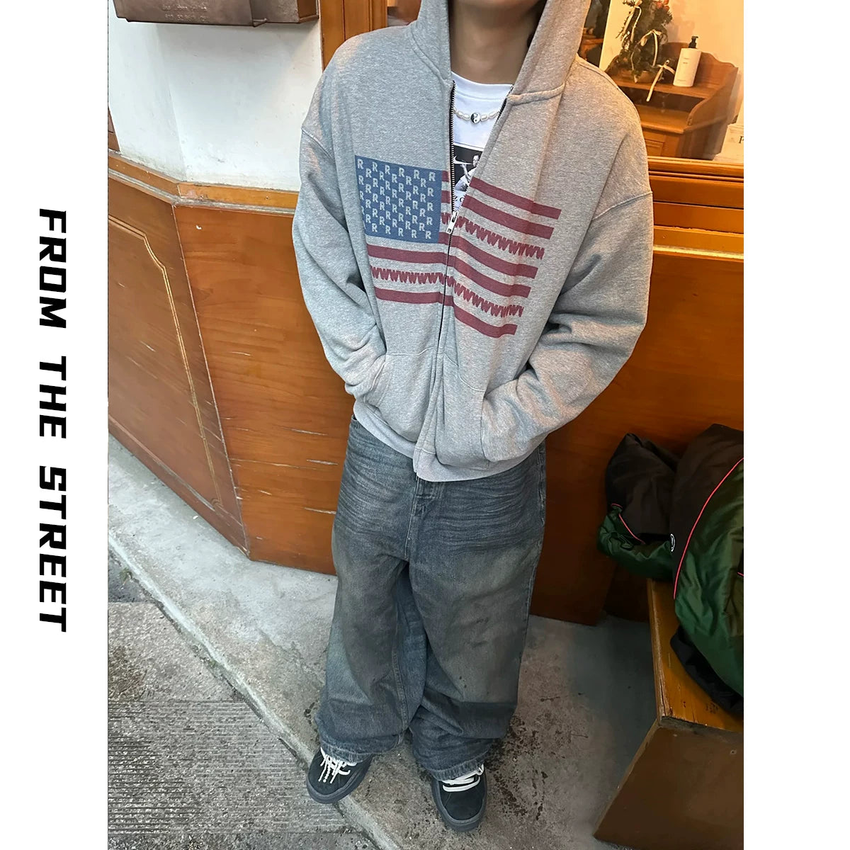 From THE STREET Street American Flag Printed Hooded Zipper Autumn/Winter Cashmere Cardigan Sweatshirt Men's Sweatshirt