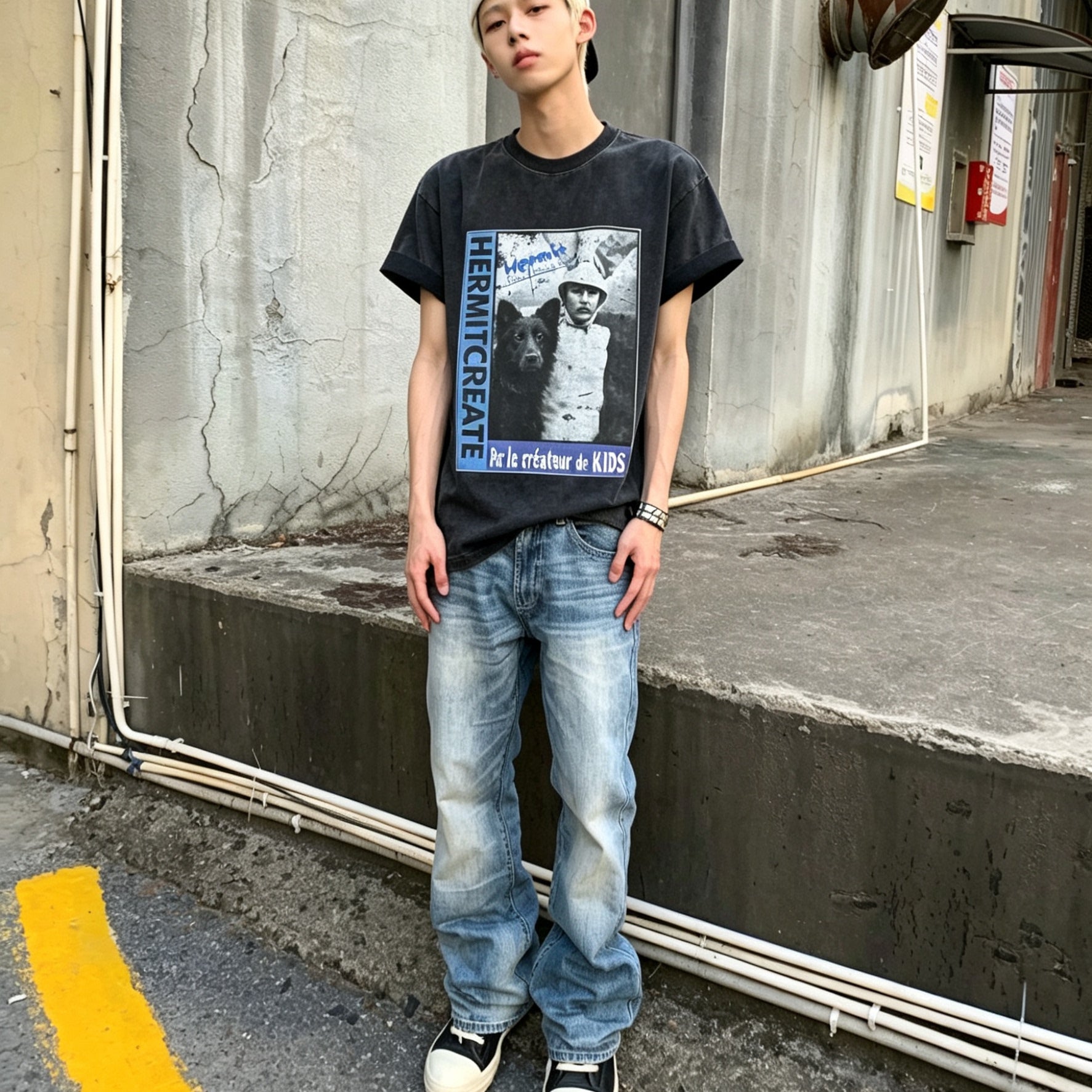 TSAOOJ Summer New Product Retro Water Washed Old Strange Kid Direct Spray Printed Short Sleeve Loose Versatile T-shirt