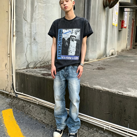 TSAOOJ Summer New Product Retro Water Washed Old Strange Kid Direct Spray Printed Short Sleeve Loose Versatile T-shirt