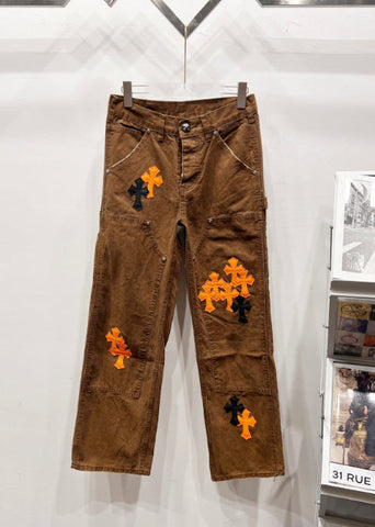 Chrome Hearts Brown & Orange-Black Cross Patch Denim Jeans