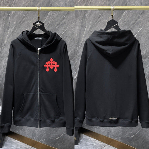 Chrome Hearts Red Floral Cross Zip-Up Hoodie (Black)