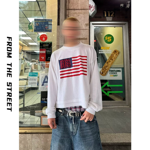 From the street, American casual print texture, Waffle plaid, heavy weight, short width, loose fit, men's and women's long sleeved base T-shirt, men's
