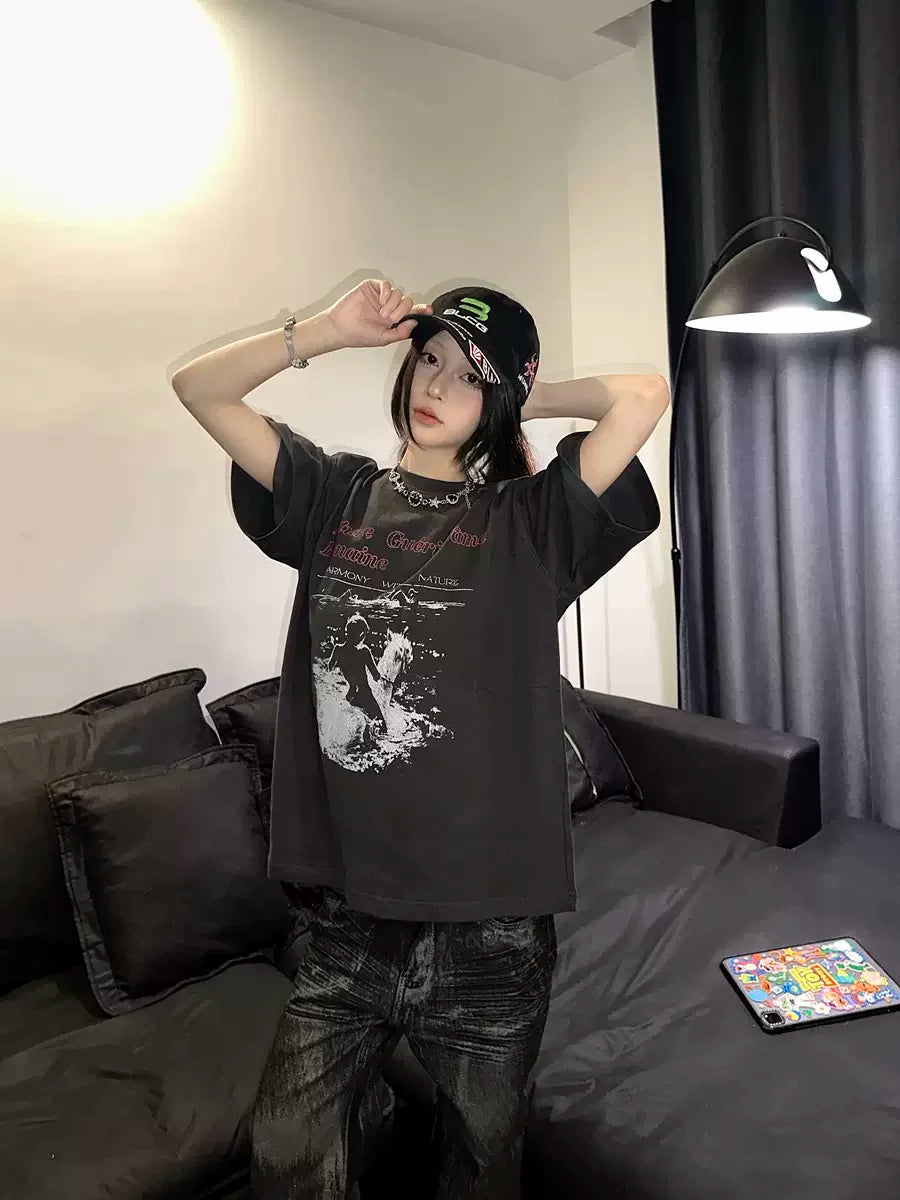 TSAOOJ Black and Grey White Horse Princess Printed Short Sleeve Washed Retro American High Street Cleanfit Casual T-shirt Trendy