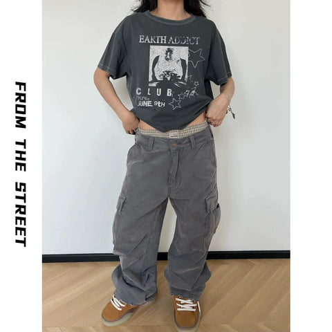 From the street retro five pointed star print single seam short sleeved worn-out Vintage lightweight short cut destructive T-shirt