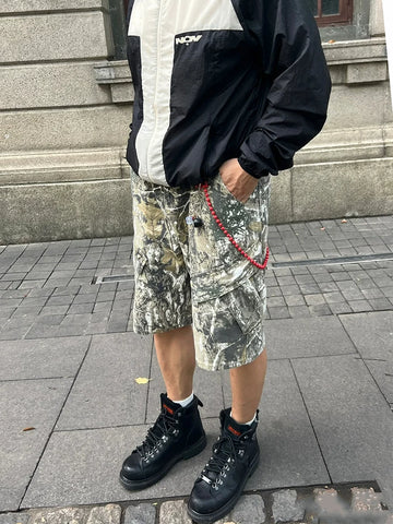 From the street, American style cleanfit retro distressed tree branch camouflage workwear shorts for men's casual over the knee half length pants
