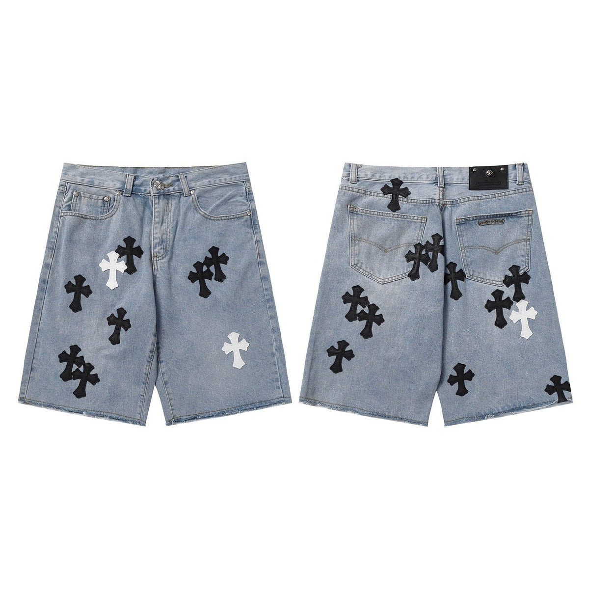 Chrome Hearts Classic Blue & Black-White Cross Patch Denim Shorts