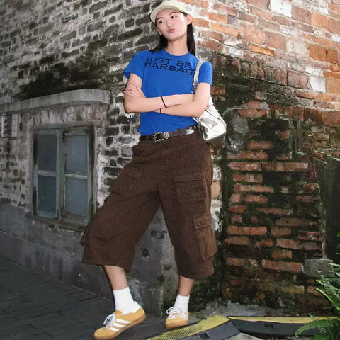 来自街头04美式夏季修身字母标语短袖T恤圆领短款紧身情侣打底