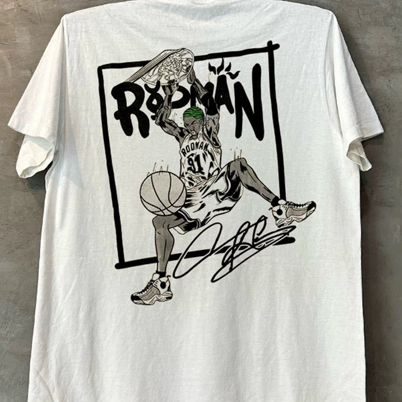 Rebounding King Dennis Rodman Comic Style Short Sleeve T-shirt with American Design Half Sleeve