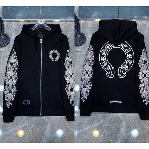 Chrome Hearts Horseshoe & Floral Cross Zip-Up Hoodie (Black)