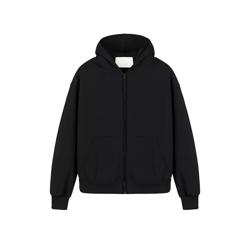 From the street kanye solid color heavy hooded short wide hoodie American high street Boxy cardigan sweater men