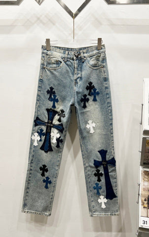 Chrome Hearts Classic Blue & Dark Blue-White Large Cross Patch Denim Jeans