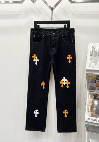 Chrome Hearts Black & Orange-White Cross Patch Denim Jeans