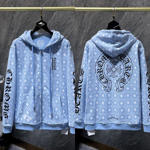 Chrome Hearts Monogram Horseshoe Zip-Up Hoodie (Light Blue)