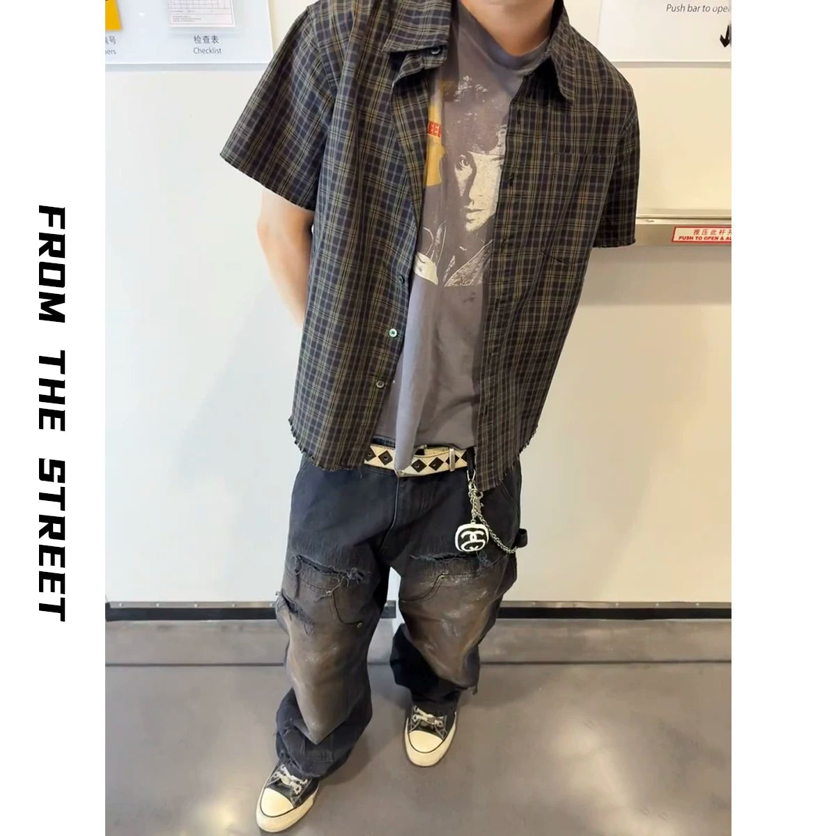 From THE STREET, retro streetwear, checkered short sleeved shirt, men's summer collar shirt, men's