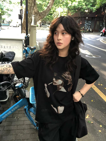 TSAOJ 'Smoking Girl' Heavy Cotton Short sleeved T-shirt Digital Direct Spray Loose Casual Versatile Top