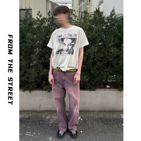 From THE STREET, a street violet washed vintage loose ink denim casual pants for men and women