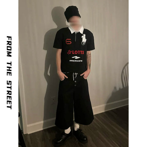 From the street style retro parody embroidery shoulder polo collar top men's summer casual short sleeved loose T-shirt