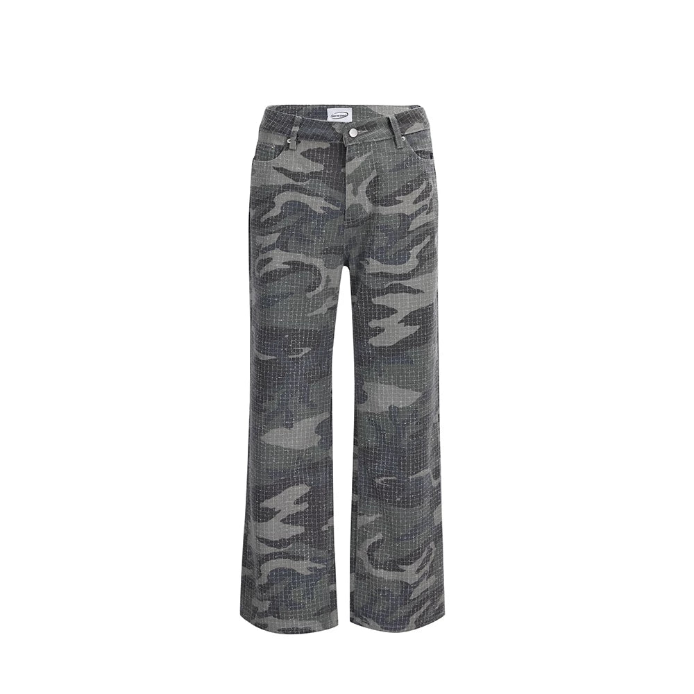 From the street gray white camouflage loose baggy silhouette stacking casual denim pants worn out pilling work pants