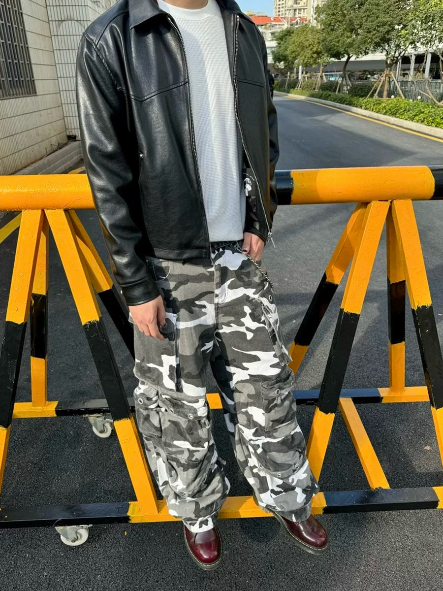Black and white camouflage denim spliced waist, multi pocket shell pants, cargo pants, work pants for men from the street
