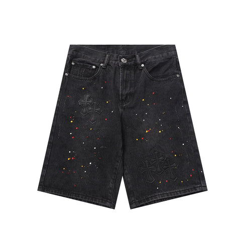 Chrome Hearts Black Heavy Wash & Paint Splatter Denim Shorts