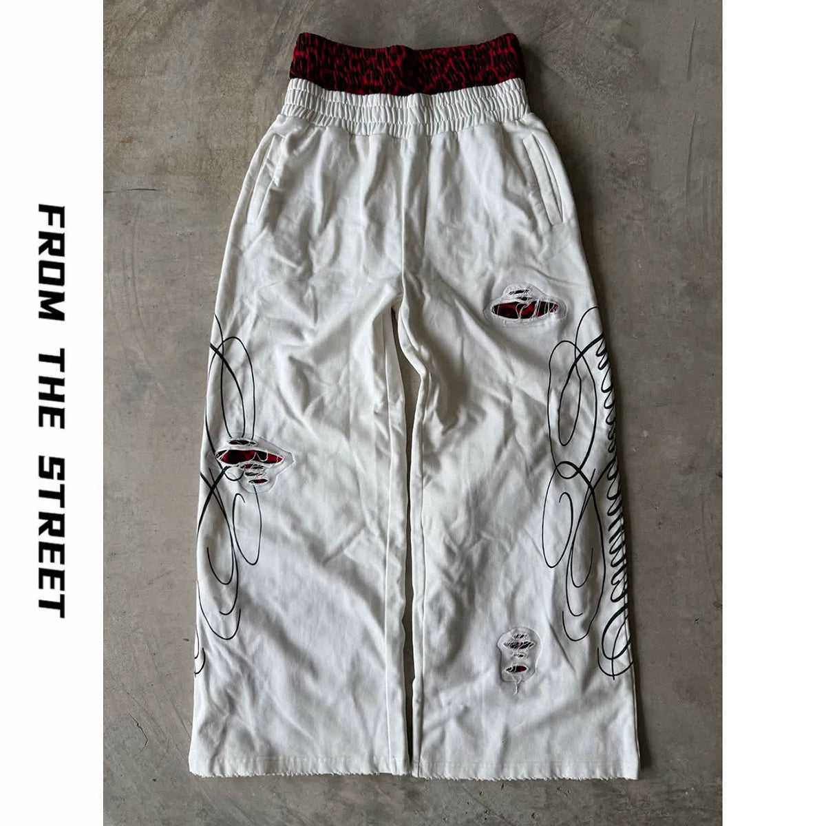 From THE STREET: American retro double waisted leopard print distressed distressed distressed, loose straight leg sweatpants from the street