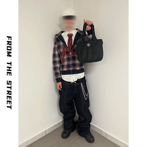 From THE STREET, American style fabric patch embroidered plaid boxy hooded cardigan sweatshirt jacket from the street