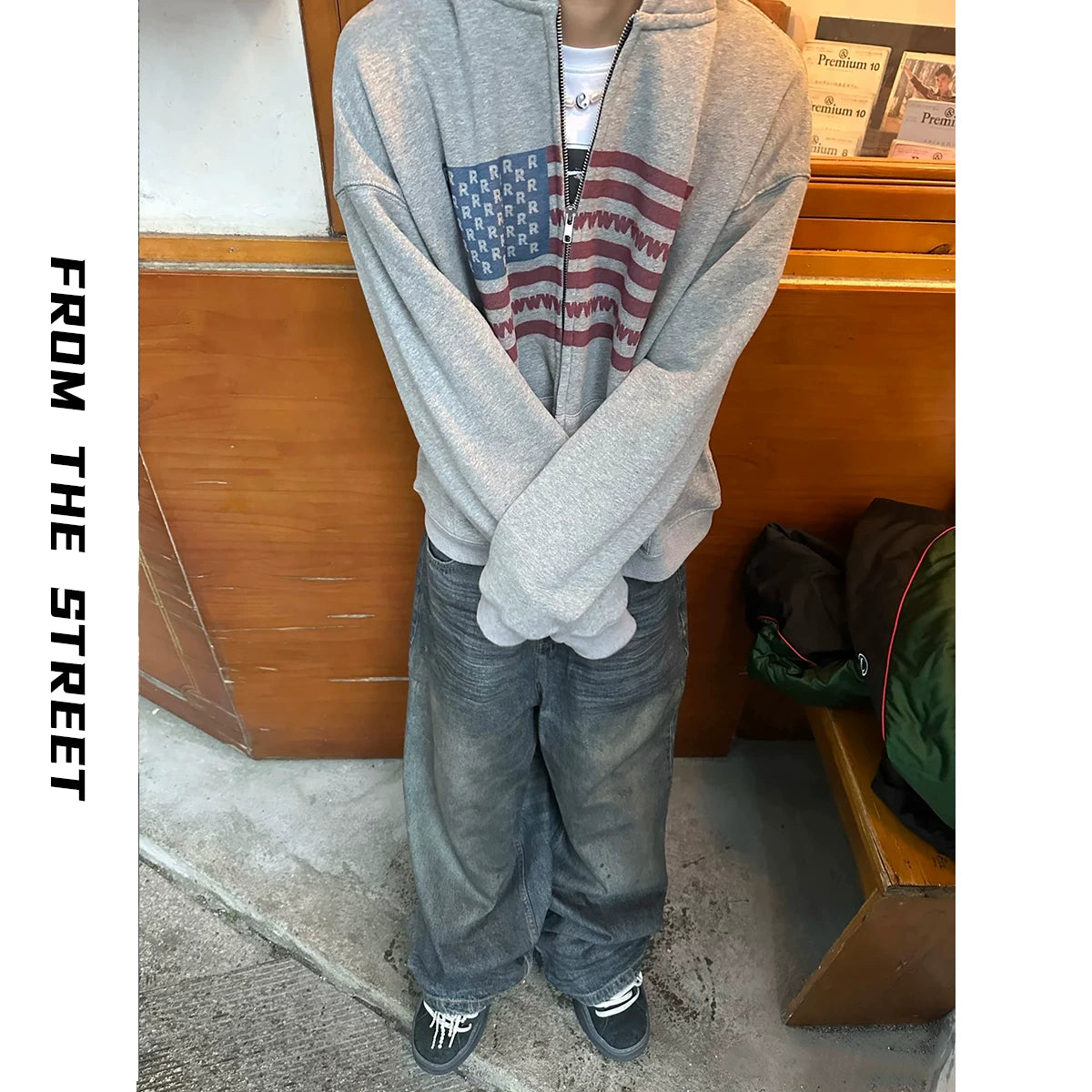 From THE STREET Street American Flag Printed Hooded Zipper Autumn/Winter Cashmere Cardigan Sweatshirt Men's Sweatshirt