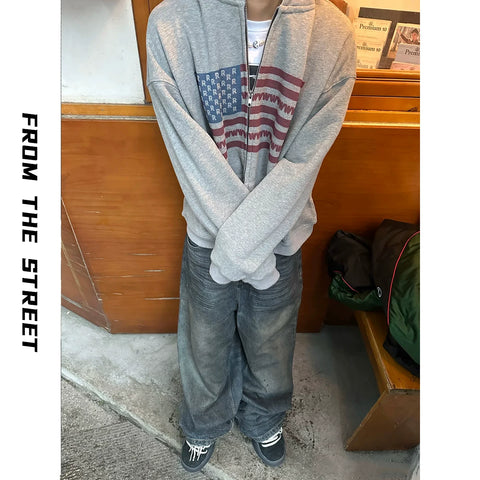 From THE STREET Street American Flag Printed Hooded Zipper Autumn/Winter Cashmere Cardigan Sweatshirt Men's Sweatshirt