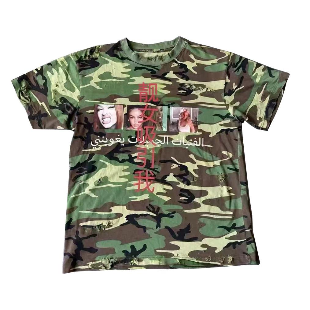 From THE STREET: Street Camouflage Portrait Mock, Wash Wash Color Contrast Round Neck Printed Short Sleeve T-shirt for Men