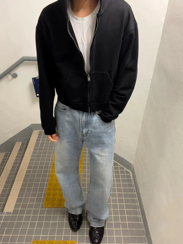 From the street kanye solid color heavy hooded short wide hoodie American high street Boxy cardigan sweater men