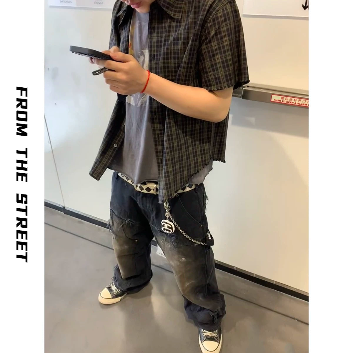 From THE STREET, retro streetwear, checkered short sleeved shirt, men's summer collar shirt, men's