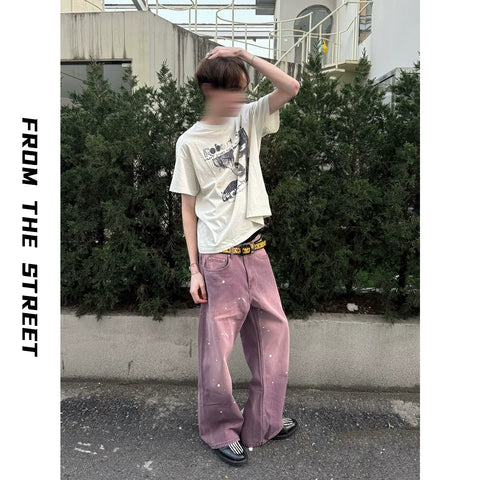 From THE STREET, a street violet washed vintage loose ink denim casual pants for men and women