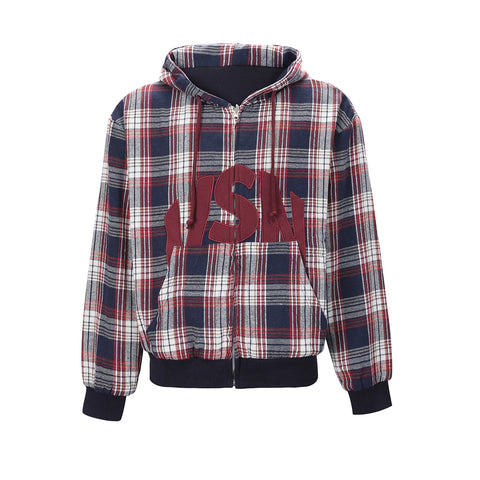From THE STREET, American style fabric patch embroidered plaid boxy hooded cardigan sweatshirt jacket from the street