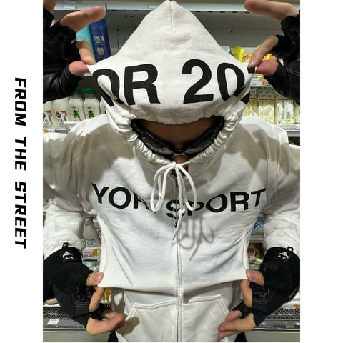 From the street slim fit elastic American loose print cardigan loose slogan hoodie couple hoodie men and women