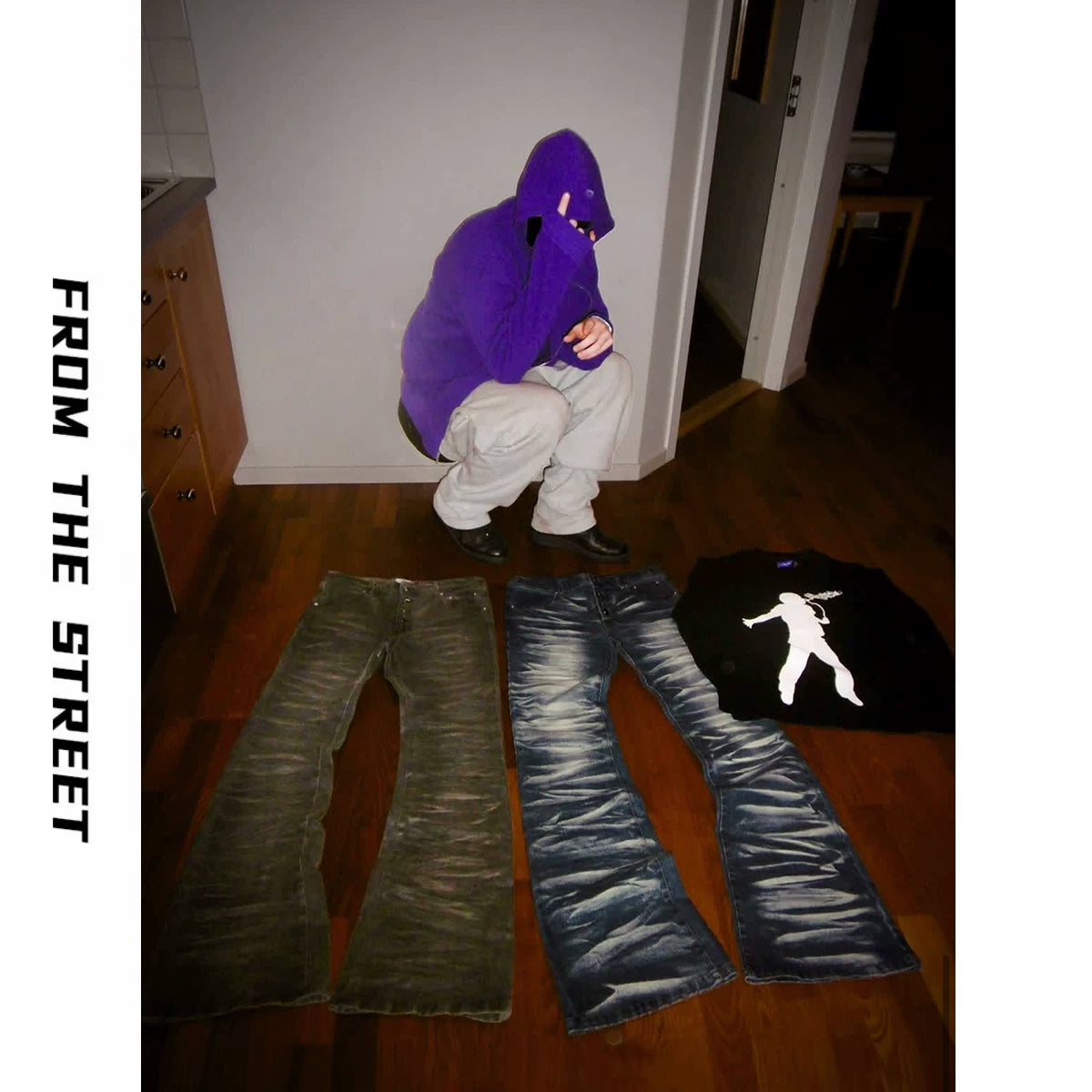 From THE STREET Street Ice Blue Cracked Washed Buckle Cat Beard Tie Flower Skinny Jeans