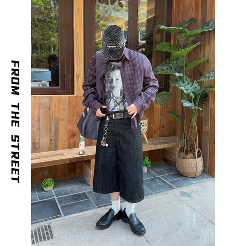 From THE STREET, a loose shirt with purple contrasting stripes from the street, suitable for both men and women