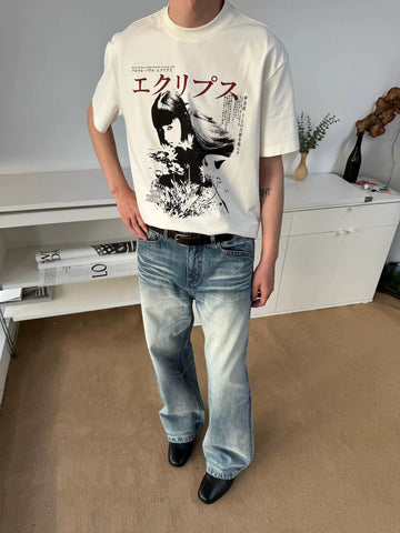 TSAOOJ Shibuya Girls 320g Heavy Cotton Retro Direct Spray Printed Short Sleeve T-shirt Cleanfit